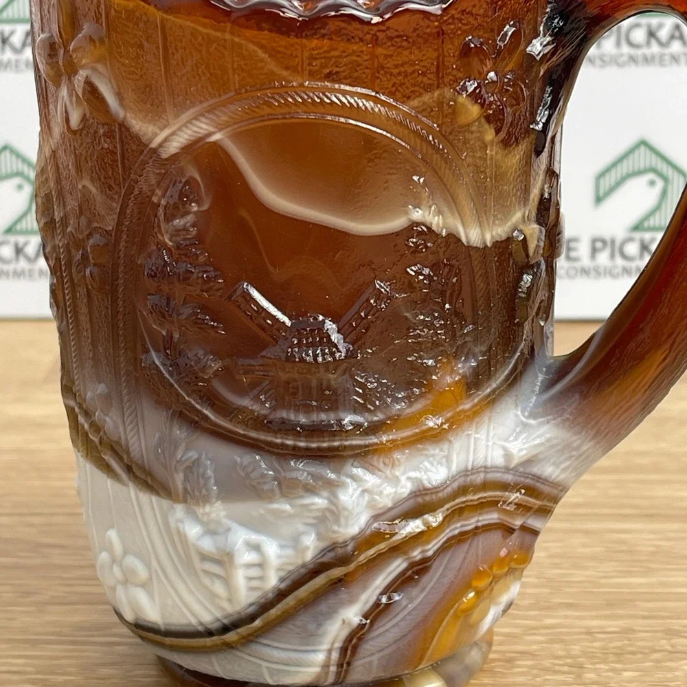 Imperial Glass Chocolate Slag Windmill Pitcher Brown White Marbled Vintage 5.5in